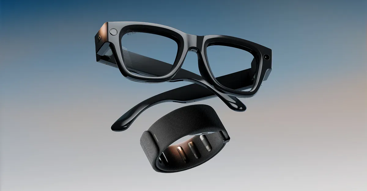 Meta Ray-Ban Display smart glasses with in-lens HUD and Neural Band wristband. Press image courtesy Meta.